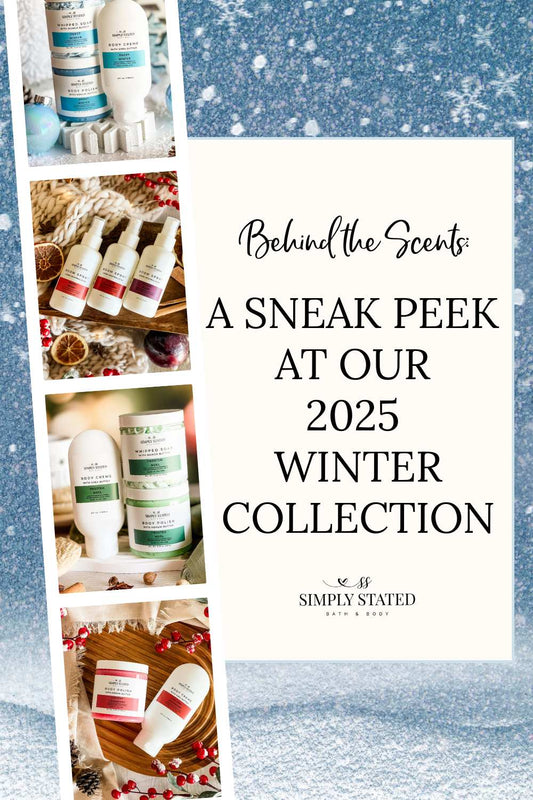 Image of snowy background with the title of the blog written on a white background "Behind the Scents: A Sneak Peek at Our 2025 Winter Collection". Photo strip on the left with varying products from the collection.