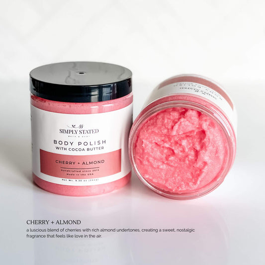 Bright pink Cherry + Almond Body Polish from Simply Stated with whipped scrub texture for sweet exfoliation