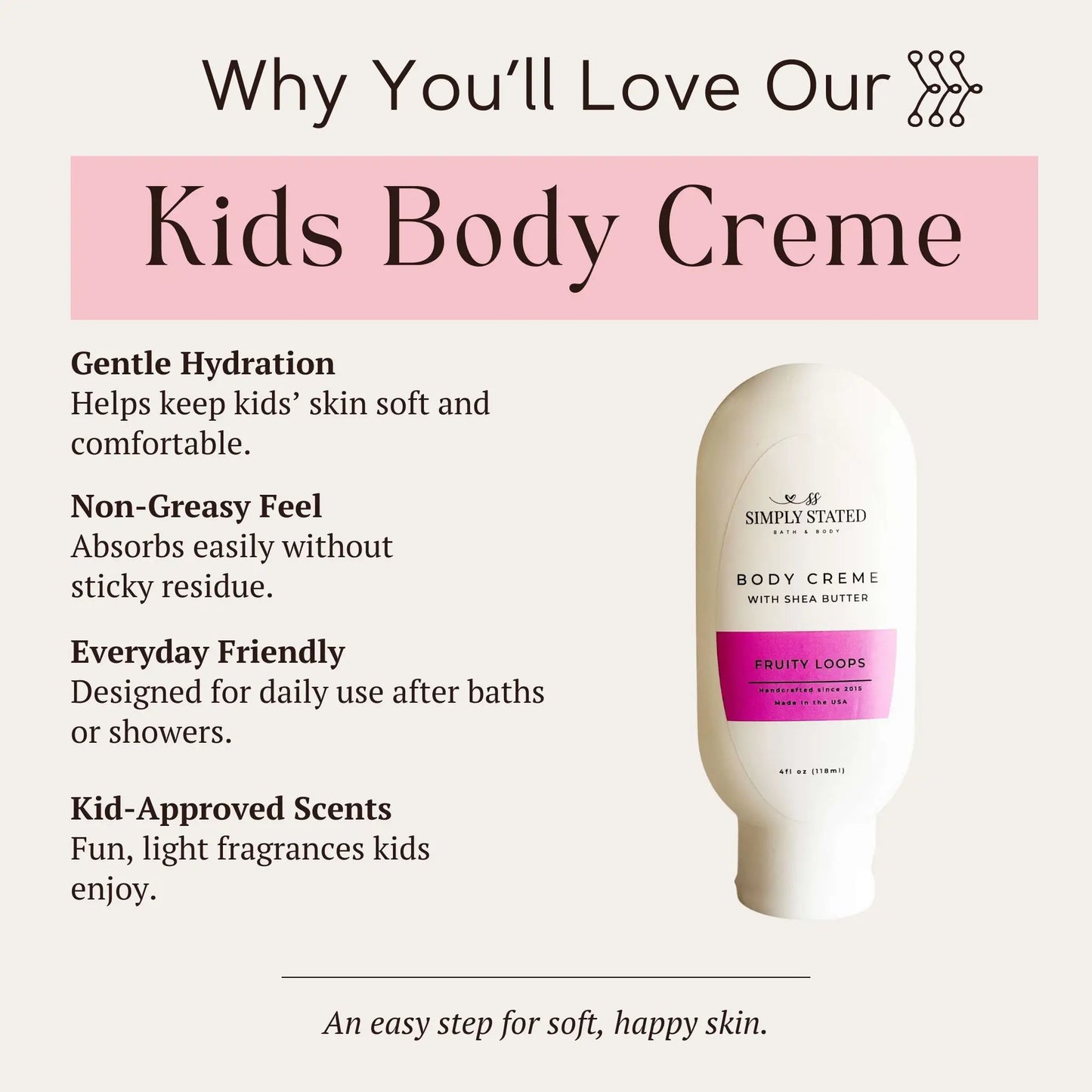 Infographic showing benefits of Simply Stated Fruity Loops Kids Body Creme with Shea Butter.