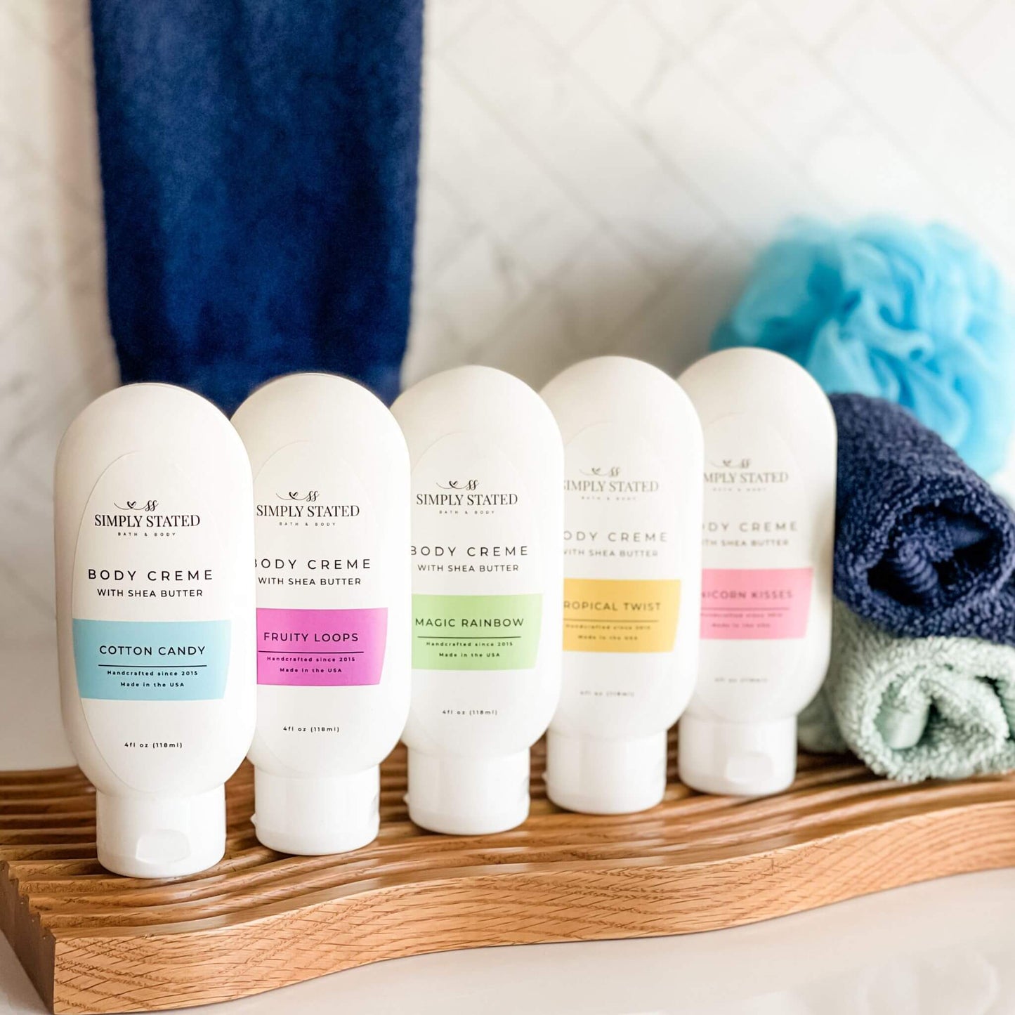 Simply Stated Kids Body Creme with Shea Butter: Cotton Candy, Fruity Loops, Magic Rainbow, Tropical Twist, Unicorn Kisses.