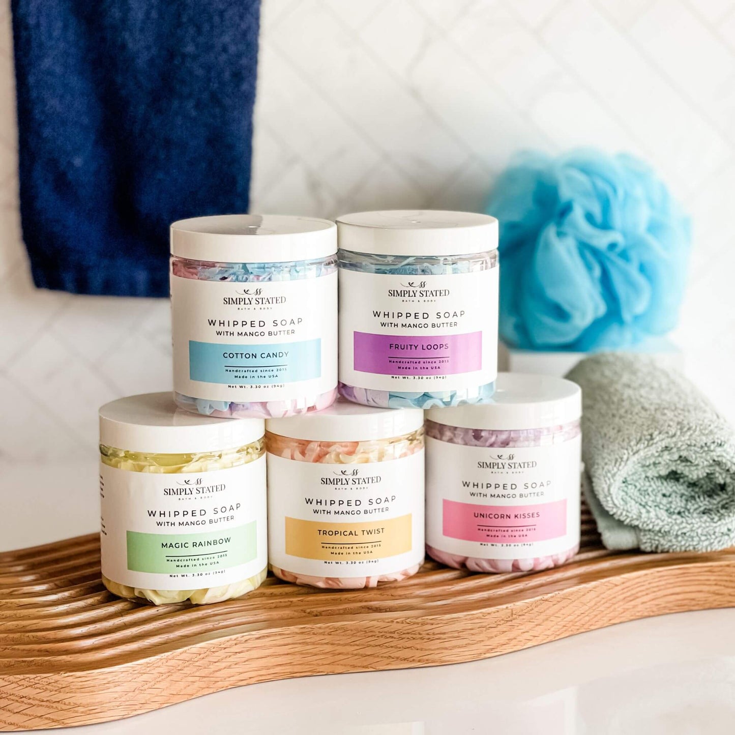 Simply Stated Kids Whipped Soap with Mango Butter: Cotton Candy, Fruity Loops, Magic Rainbow, Tropical Twist, Unicorn Kisses.