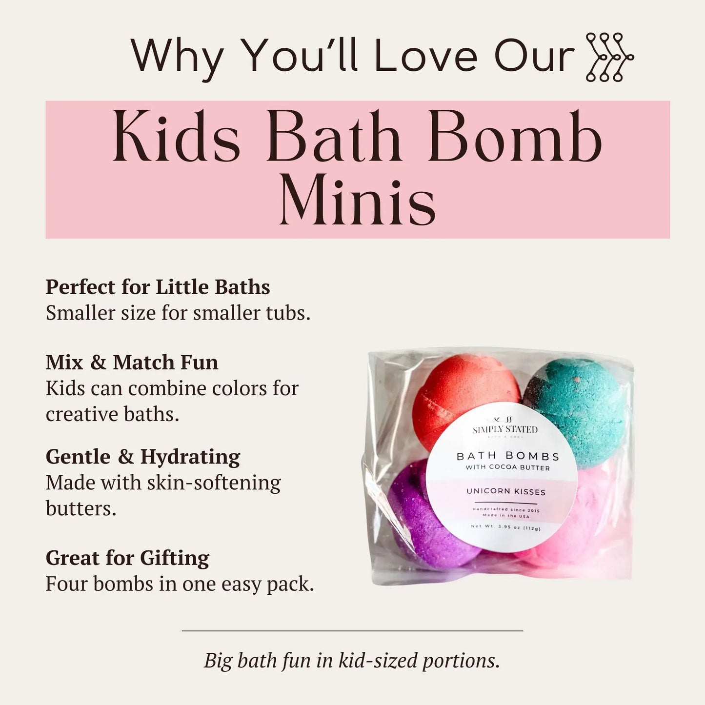 Infographic showing benefits of Simply Stated Unicorn Kisses Kids Bath Bomb Minis with cocoa butter, four-pack.