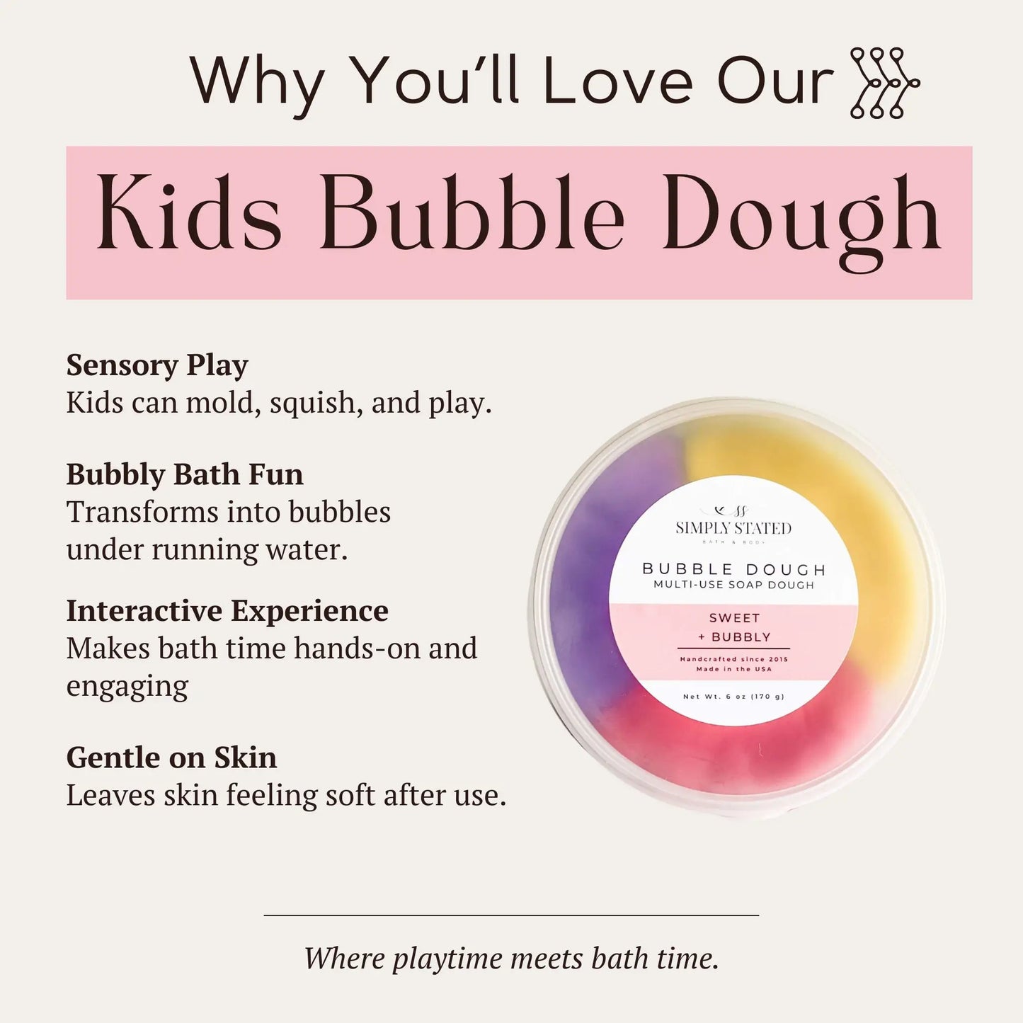 Infographic showing benefits of Simply Stated Sweet Bubbly Kids Bubble Dough, sensory play, and bubbly bath fun.