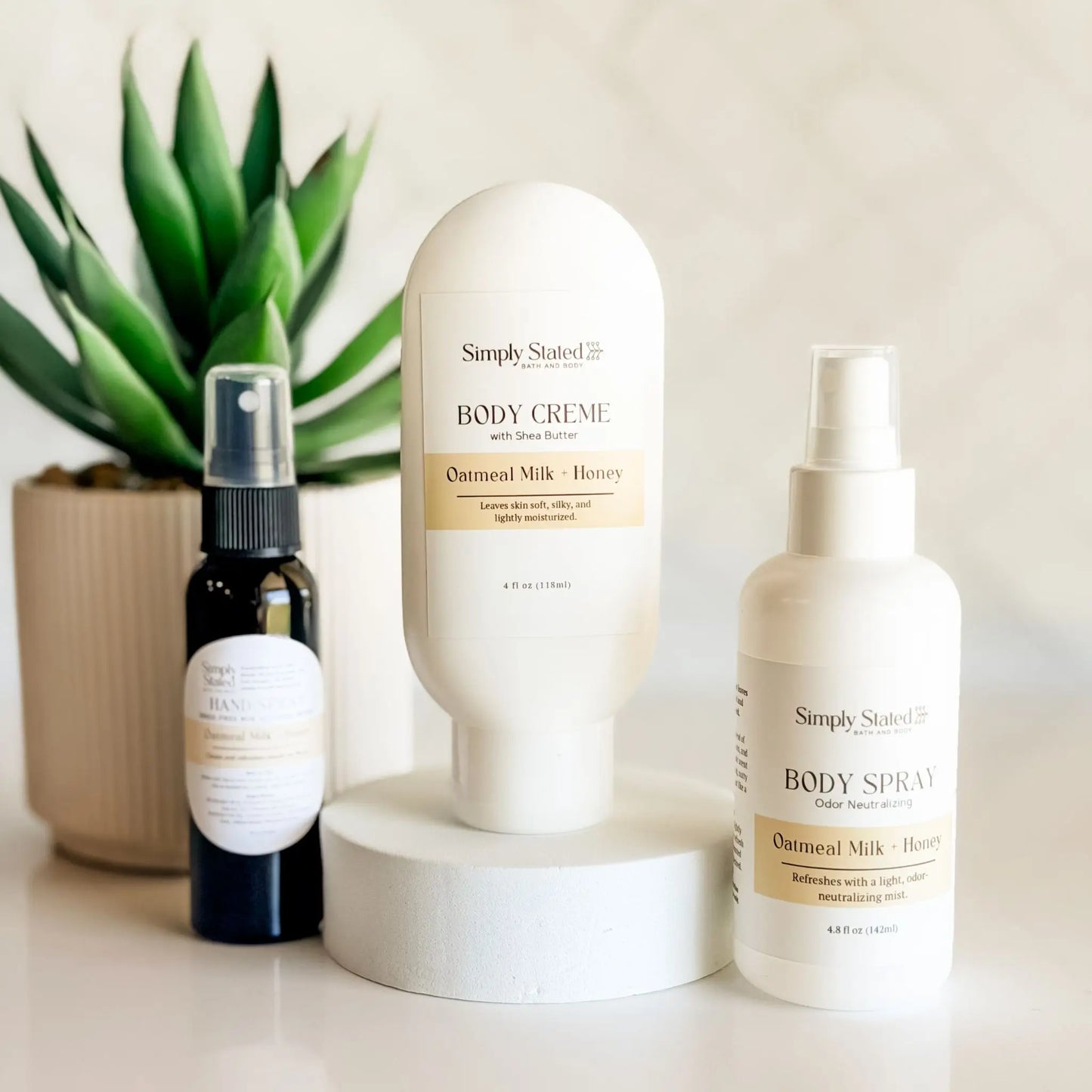 Simply Stated On the Go Bundle in Oatmeal Milk and Honey — shea butter body creme, odor-neutralizing body spray, and hand sanitizer spray, small-batch handcrafted in Colorado