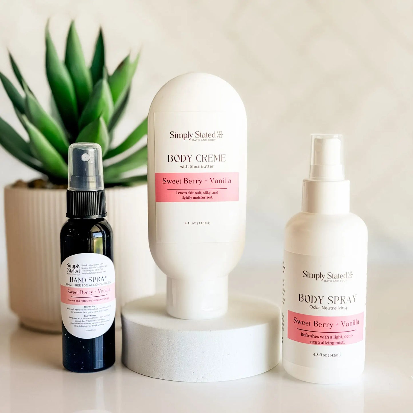 Simply Stated On the Go Bundle in Sweet Berry and Vanilla — shea butter body creme, odor-neutralizing body spray, and hand sanitizer spray, small-batch handcrafted in Colorado