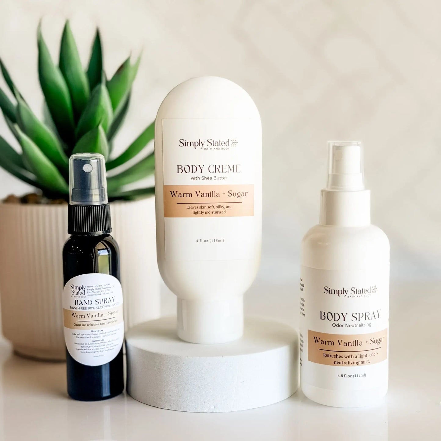 Simply Stated On the Go Bundle in Warm Vanilla and Sugar — shea butter body creme, odor-neutralizing body spray, and hand sanitizer spray, handcrafted in Fort Morgan Colorado