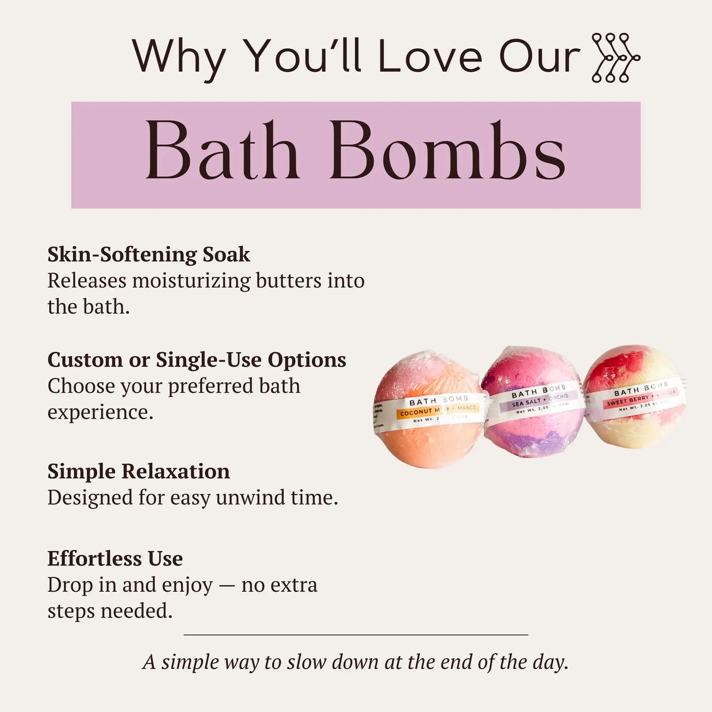 Advertisement for bath bombs with text highlighting benefits and images of bath bombs.