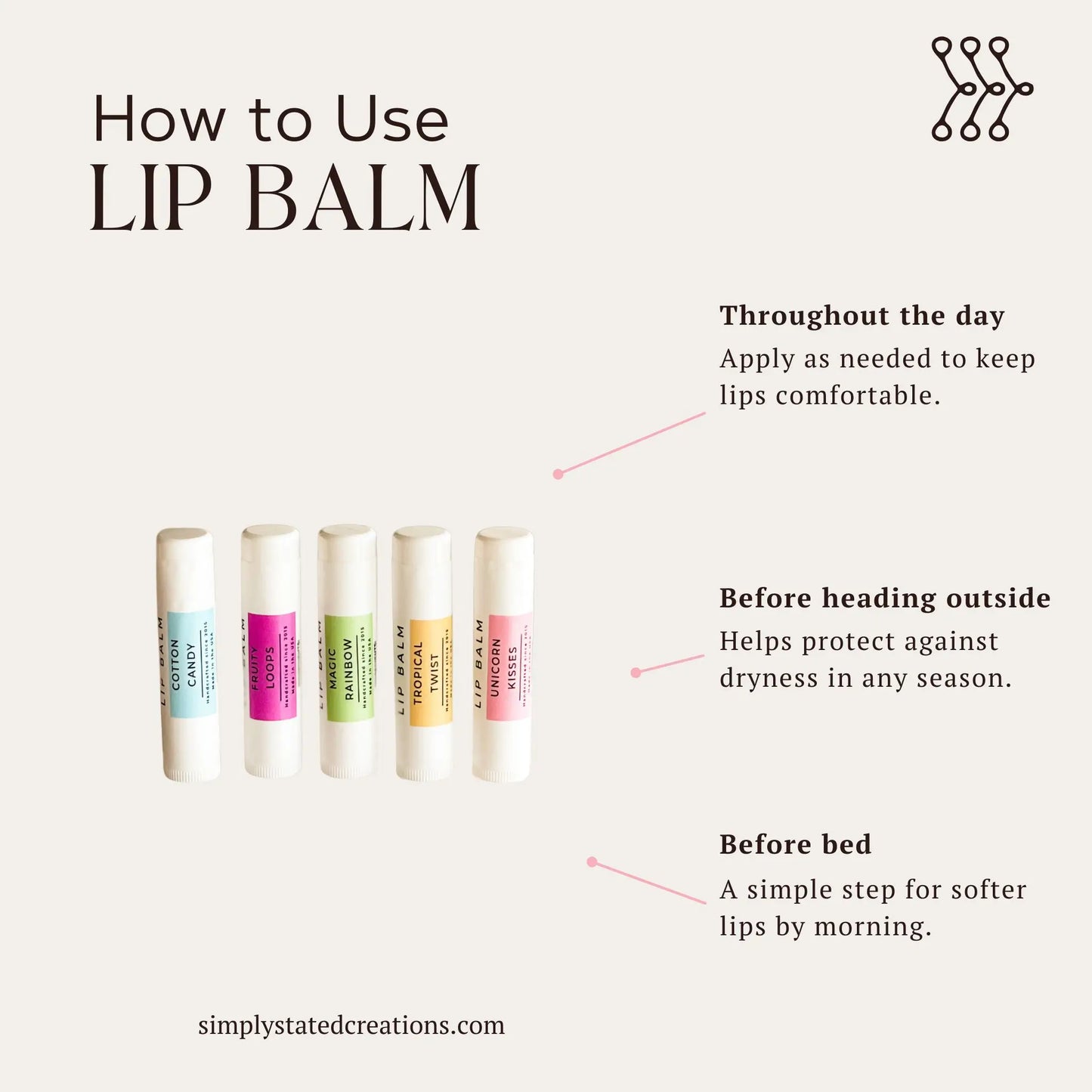 Infographic showing how to use Cotton Candy Lip Balm: throughout the day, before outside, before bed.