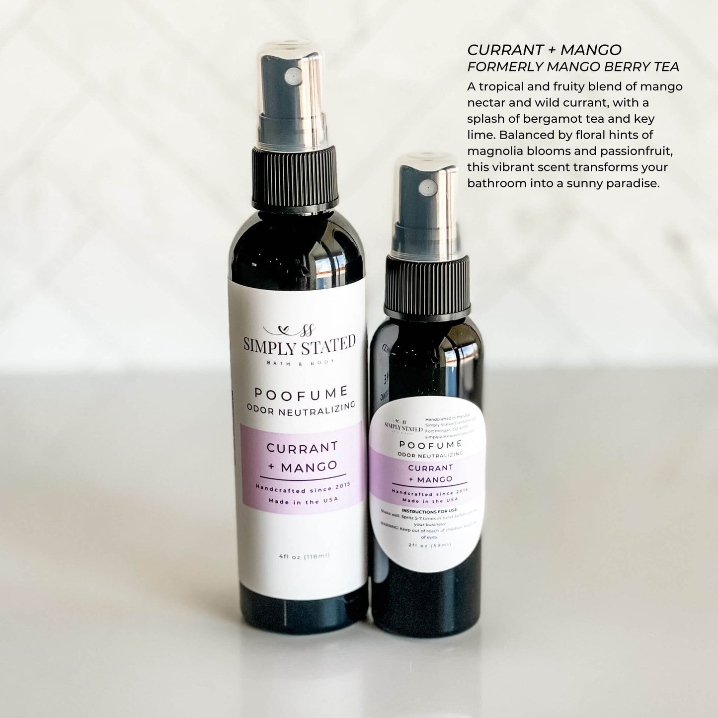 Simply Stated Currant Mango Poofume odor neutralizing spray in two bottle sizes, with scent description text.