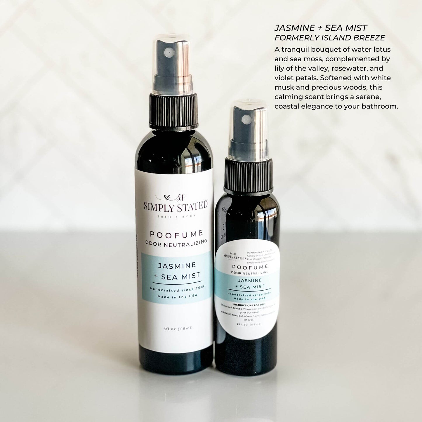 Simply Stated Jasmine Sea Mist Poofume odor neutralizing spray in two bottle sizes, with scent description text.