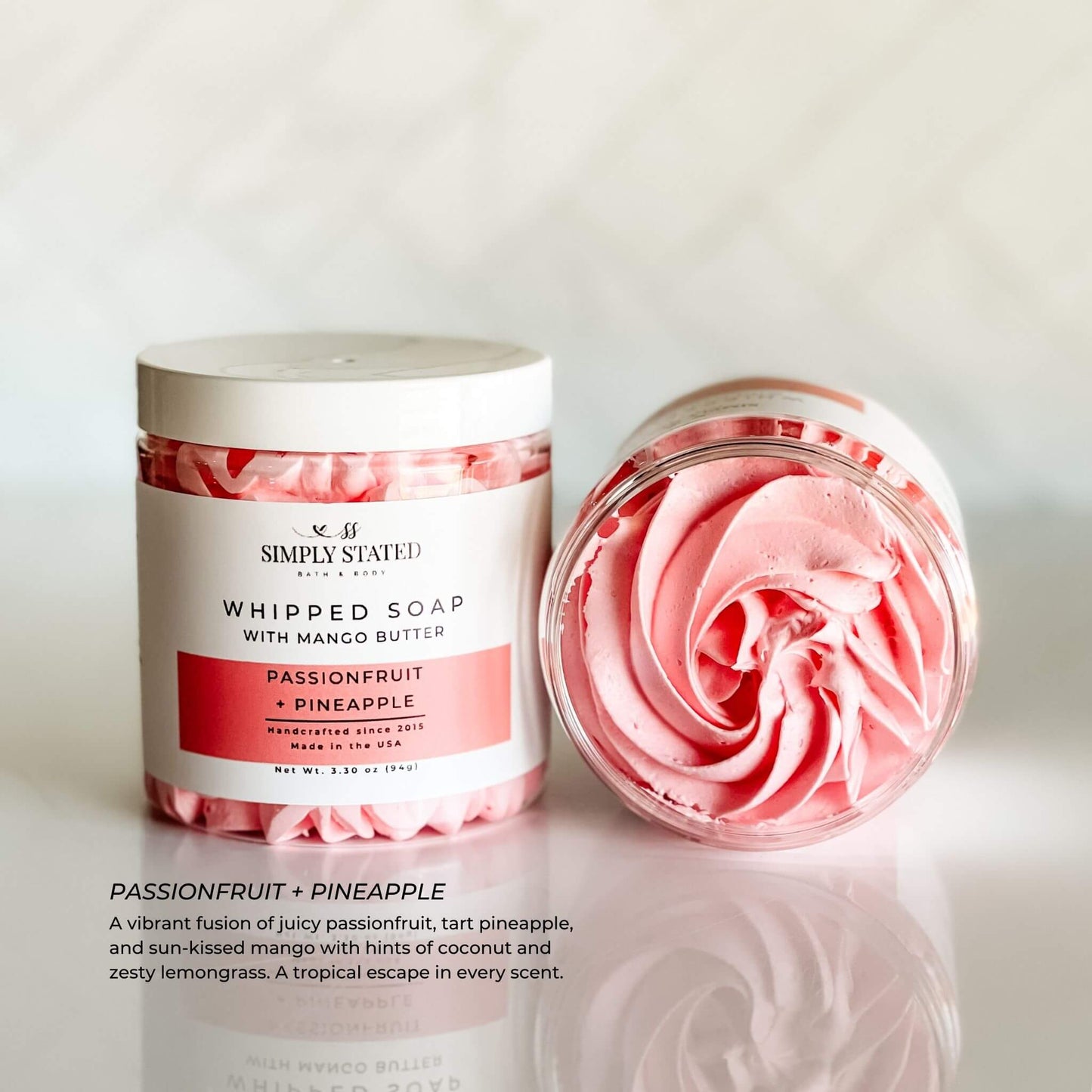 Simply Stated Passionfruit + Pineapple Whipped Soap with Mango Butter – tropical pink whipped soap featuring fruity blend in 3.3 oz summer jar.