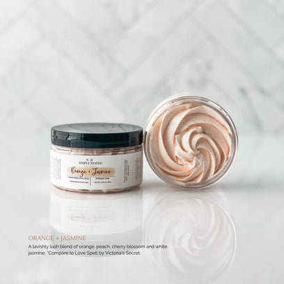 Spring-Inspired Whipped Soap in Orange + Jasmine. A lavishly lush blend of orange, peach, cherry blossom and white jasmine. *Compare to Love Spell by VS.
