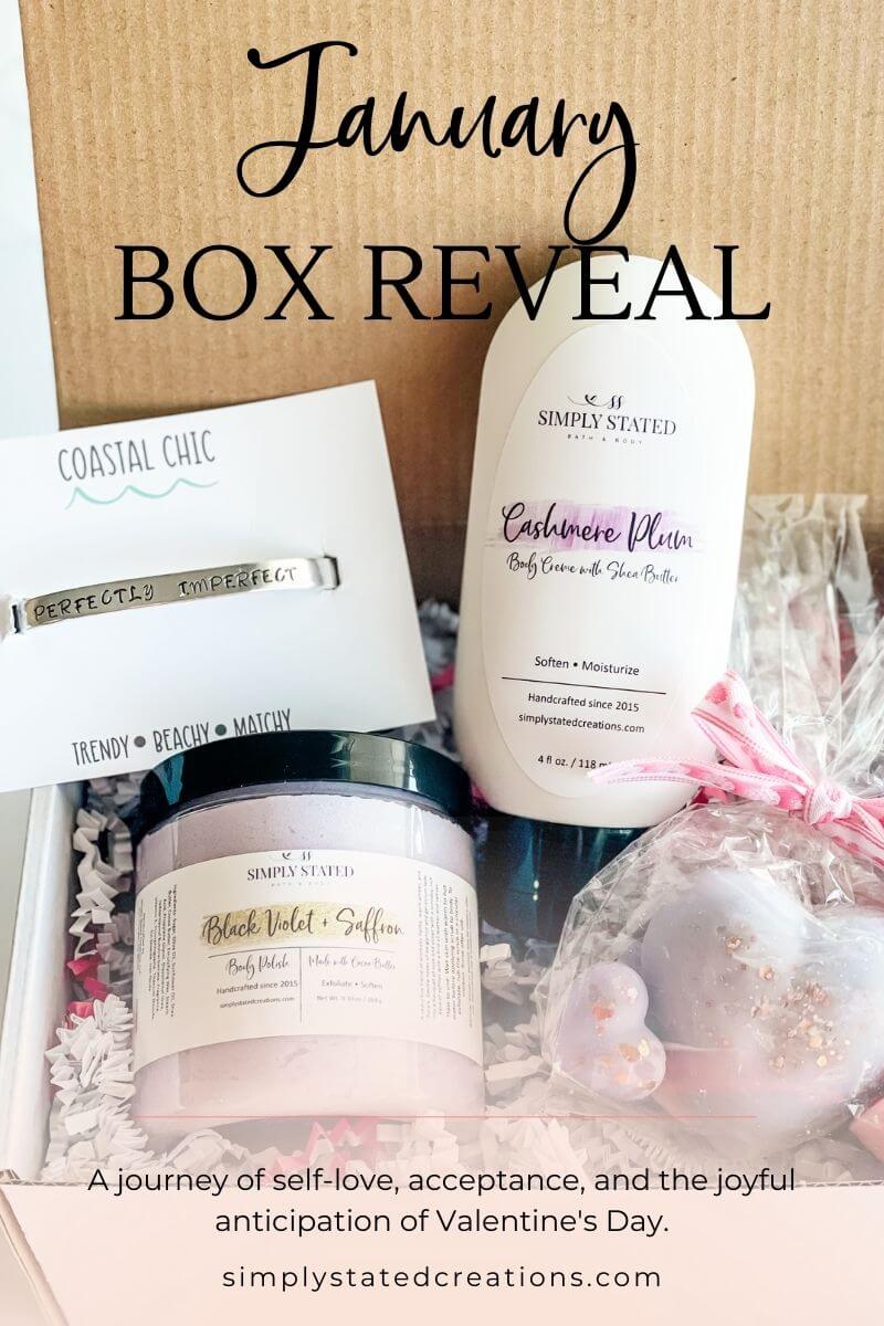 Subscription Box for Women and Busy Moms. January Box Reveal with the theme of self-love and Valentine's Day