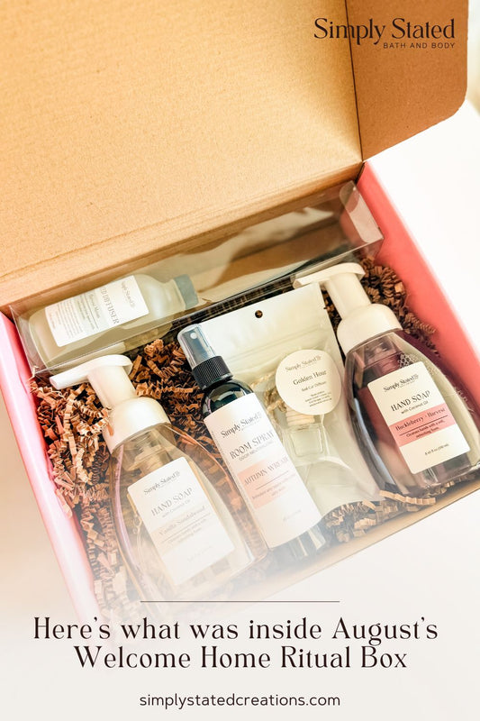 Simply Stated August 2026 Welcome Home Ritual Box featuring home fragrance, hand soaps, room spray, car diffuser and reed diffuser