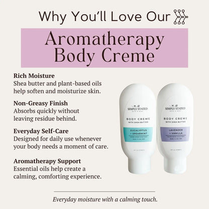 Why you’ll love Simply Stated aromatherapy body creme: rich, non-greasy shea butter moisture in two calming scents