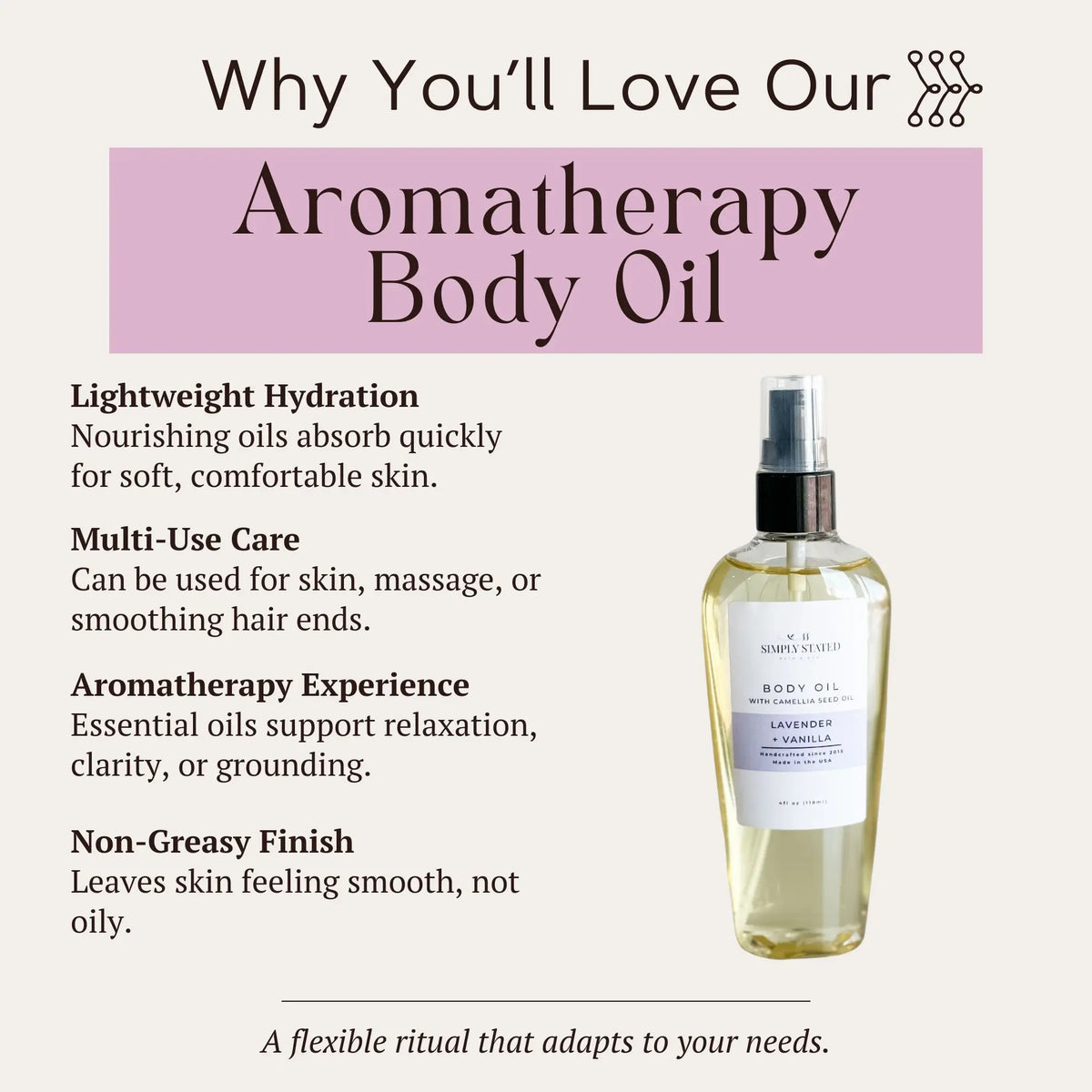 Why you’ll love Simply Stated aromatherapy body oil: lightweight, non-greasy hydration for skin, massage and hair ends