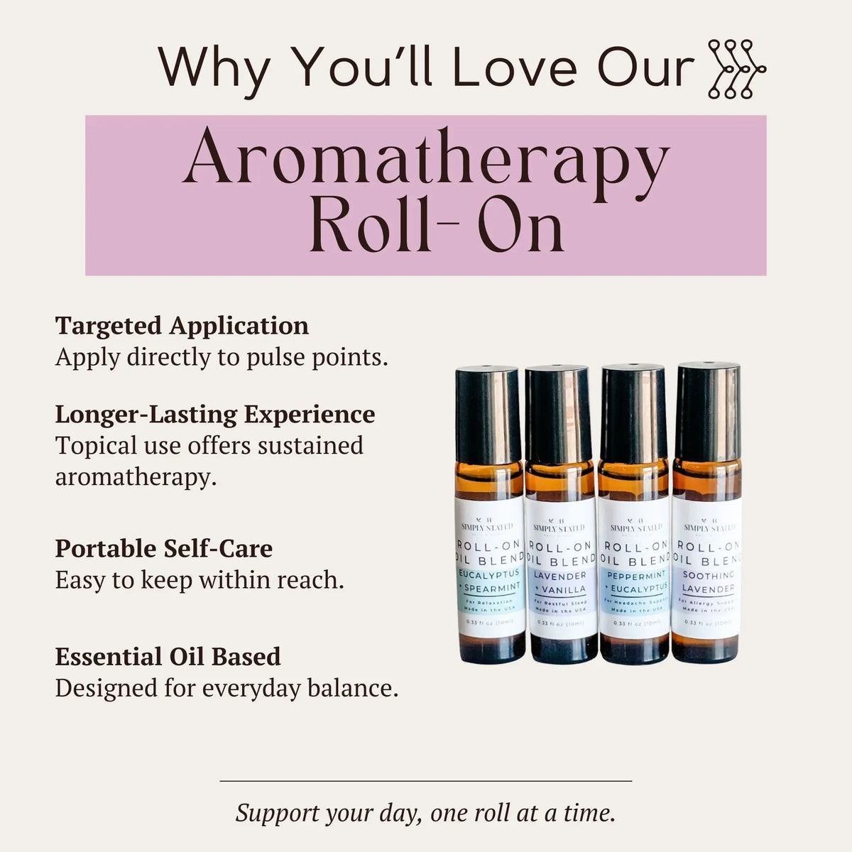 Why you’ll love Simply Stated aromatherapy roll-on: four essential oil blends in amber bottles for targeted, portable use