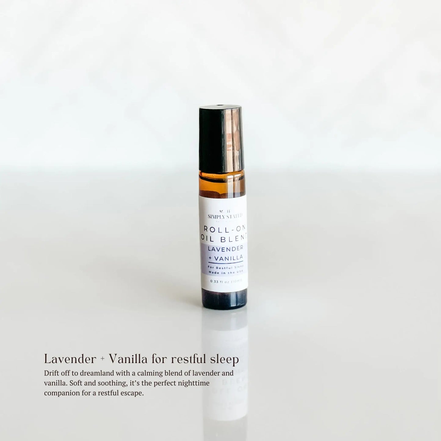 Roll-on oil blend bottle with lavender and vanilla scent on a white background. Drift off to dreamland with a calming blend of lavender and vanilla. Soft and soothing, it’s the perfect nighttime companion for a restful escape.