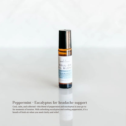 Roll-on oil blend bottle with peppermint and eucalyptus on a white background. Cool, calm, and collected—this blend of peppermint and eucalyptus is your go-to for moments of tension. With refreshing eucalyptus and cooling peppermint, it’s a breath of fresh air when you need clarity and relief.