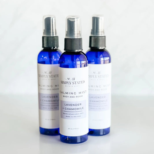 Three bottles of Simply Stated Lavender & Chamomile calming mist on a white background