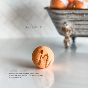 Spring Bliss Collection Bath Bombs in Orange + Jasmine. A lavishly lush blend of orange, peach, cherry blossom and white jasmine. *Compare to Love Spell by Victoria's Secret. 