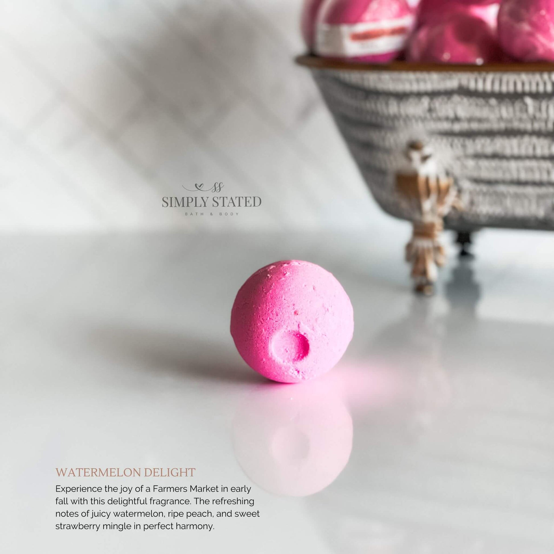 Farmers Market Collection Bath Bombs in Watermelon Delight: Experience the joy of a Farmers Market in early fall with this delightful fragrance. The refreshing notes of juicy watermelon, ripe peach, and sweet strawberry mingle in perfect harmony.