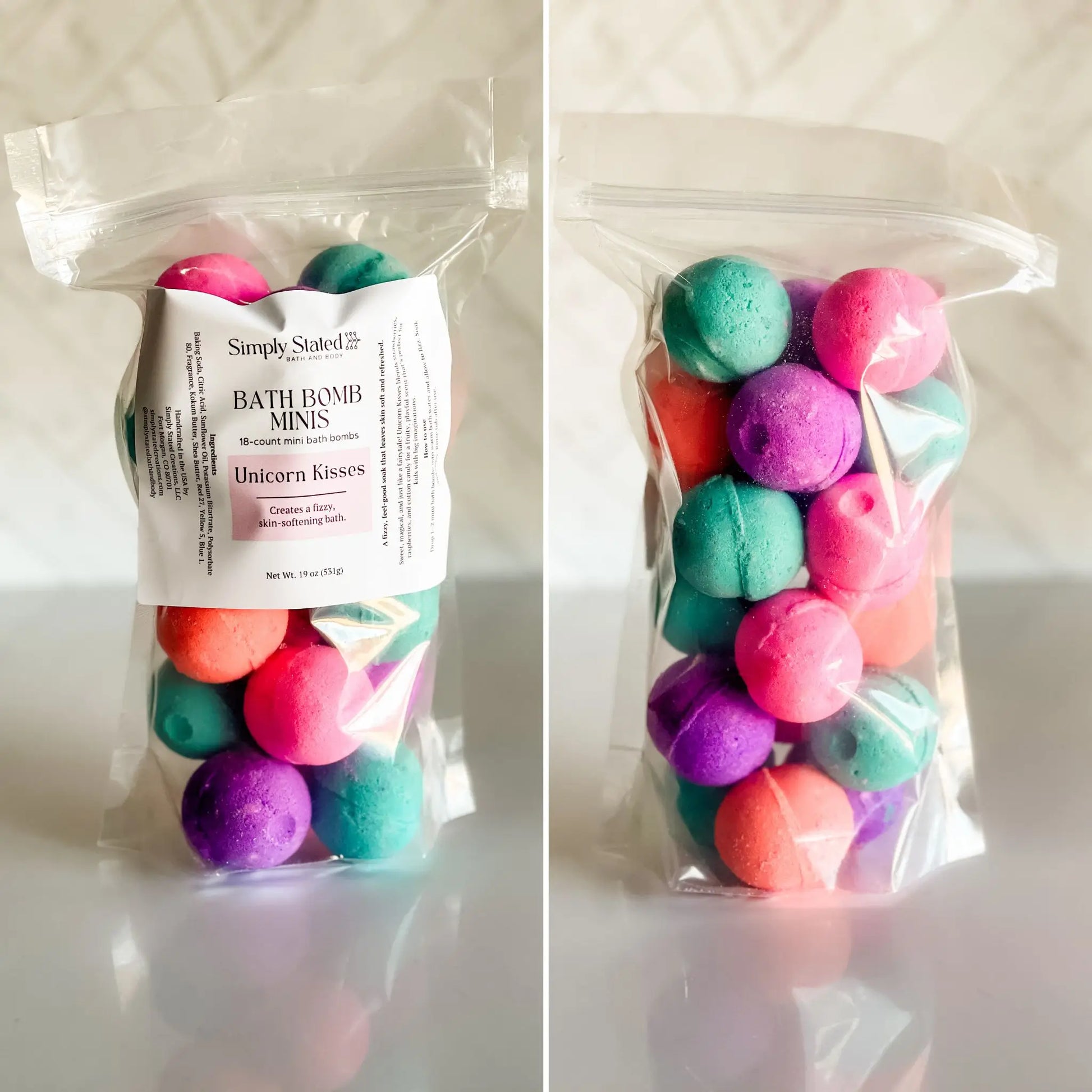 Two packages of colorful bath bomb minis with a 'Simply Stated' label on a white background.