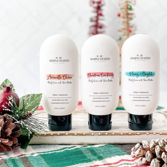 Christmas 2023 Collection Body Creme Body Lotion available in Amaretto Cheer, Christmas Cranberry and Merry & Bright