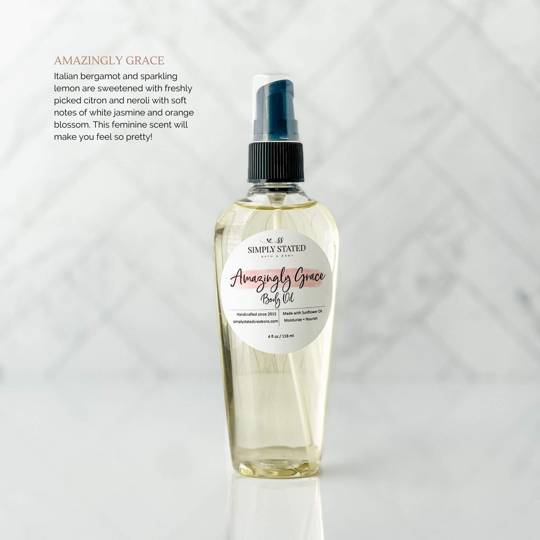 Spring Body Oil in Amazingly Grace. Italian bergamot and sparkling lemon are sweetened with freshly picked citron and neroli with soft notes of white jasmine and orange blossom. This feminine scent will make you feel so pretty!