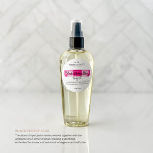 Farmers Market Collection Body Oil in Black Cherry Bliss: The allure of ripe black cherries weaves together with the ambiance of a Farmers Market, creating a scent that embodies the essence of autumnal indulgence and self-care.