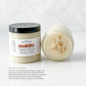 2023 Christmas Collection Body Polish sugar scrub in Amaretto Cheer (natural color with gold mica sprinkled on top). This warm and inviting gourmand fragrance begins with sweet and cinnamony top notes, evoking memories of freshly baked holiday treats. As you inhale, the comforting scent of roasted chestnuts and the rich embrace of amaretto unfold, creating a symphony of winter flavors.
