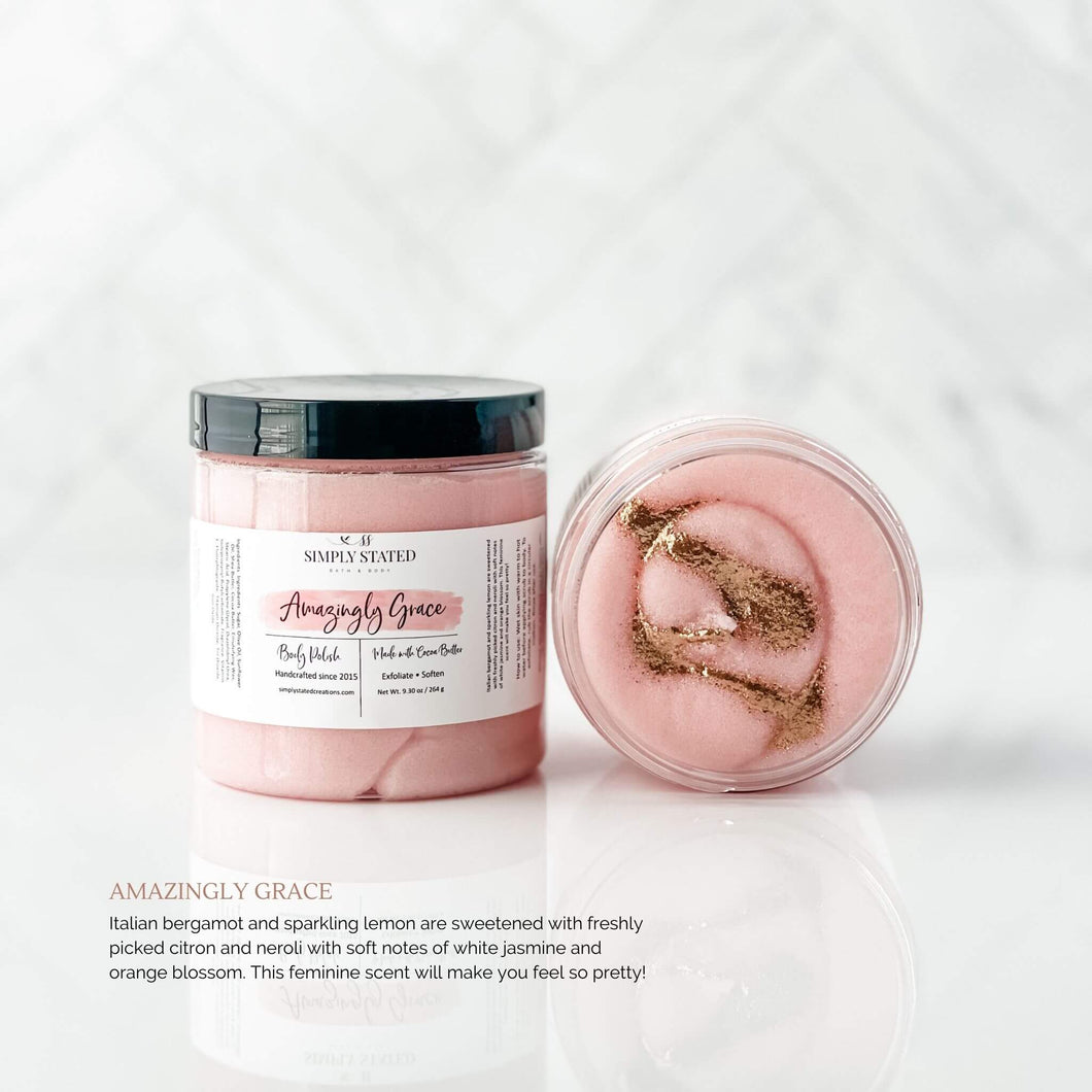 Spring-Inspired Body Polish (sugar scrub) in Amazingly Grace. Italian bergamot and sparkling lemon are sweetened with freshly picked citron and neroli with soft notes of white jasmine and orange blossom. This feminine scent will make you feel so pretty! 