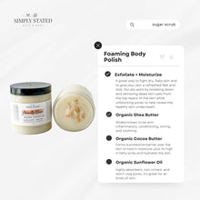 2023 Christmas Collection Body Polish sugar scrub product features includes exfoliating and moisturizing, made with organic shea butter, organic cocoa butter, and organic sunflower oil.