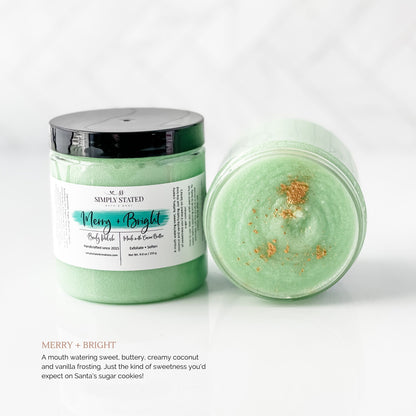 2023 Christmas Collection Body Polish sugar scrub in Merry & Bright (color green, gold mica sprinkled on top). A mouth watering sweet, buttery, creamy coconut and vanilla frosting. Just the kind of sweetness you'd expect on Santa's sugar cookies! 