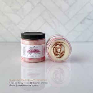Winter Luxe Body Polish in Sparkling Pomegranate Prosecco: A fruity and flowery wine scent that sparkles with notes of tangy pomegranate and iced prosecco.
