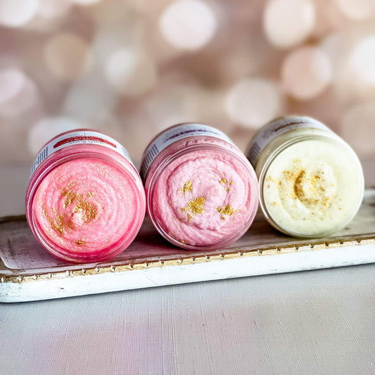 Winter Luxe Body Polish: Exquisite Exfoliation in Enchanting Winter Scents in new scents like Candy Apple Dreams, Cashmere Plum, Pearamel, and Sparkling Pomegranate Prosecco.