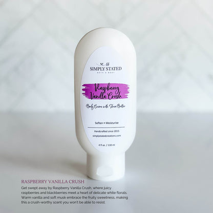 Simply Stated Bath & Body Raspberry Vanilla Crush Body Creme bottle, featuring shea butter moisturizer with a light purple label, placed on a soft white background.