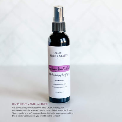 Simply Stated Bath & Body Raspberry Vanilla Crush Odor Neutralizing Body Spray in a sleek black bottle with a purple label, displayed on a clean white background.