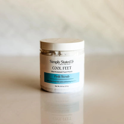 Simply Stated Cool Feet Mentholated Foot Polish Pedi Scrub 8 oz jar — exfoliating foaming foot scrub with menthol and cocoa butter, handcrafted in Fort Morgan Colorado
