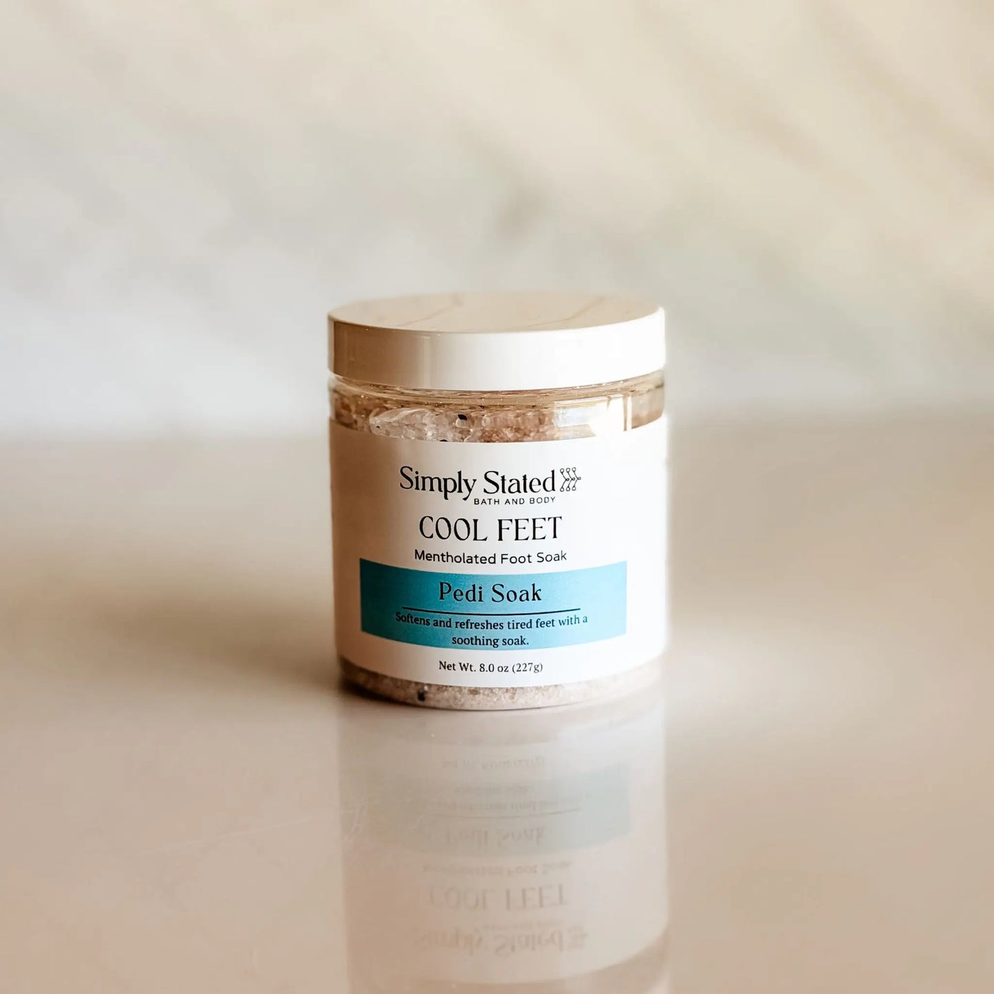 Simply Stated Cool Feet Mentholated Foot Soak Pedi Soak 8 oz jar — mineral foot soak with magnesium sulfate Himalayan sea salt and activated charcoal, made in Fort Morgan Colorado