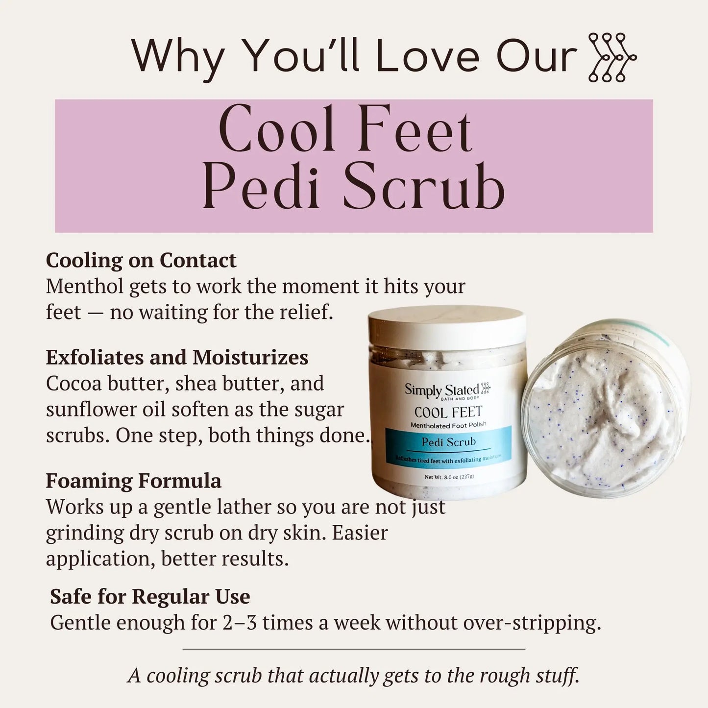 Cool Feet Pedi Scrub infographic listing cooling, exfoliation, foaming, and regular use features