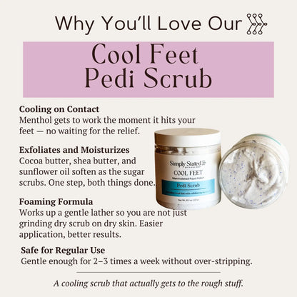 Cool Feet Pedi Scrub infographic listing cooling, exfoliation, foaming, and regular use features