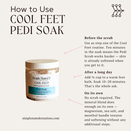 Cool Feet Pedi Soak infographic showing how to use before scrub, after a long day, and on its own
