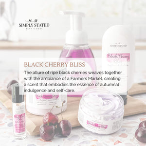 Black Cherry Bliss Body Oil. The allure of ripe black cherries weaves together with the ambiance of a Farmers Market, creating a scent that embodies the essence of autumnal indulgence and self-care.