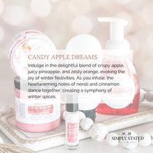 Candy Apple Dreams Body Polish. Indulge in the delightful blend of crispy apple, juicy pineapple, and zesty orange, evoking the joy of winter festivities. As you inhale, the heartwarming notes of neroli and cinnamon dance together, creating a symphony of winter spices.