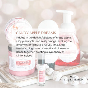 Candy Apple Dreams Foaming Body Polish. Indulge in the delightful blend of crispy apple, juicy pineapple, and zesty orange, evoking the joy of winter festivities. As you inhale, the heartwarming notes of neroli and cinnamon dance together, creating a symphony of winter spices.