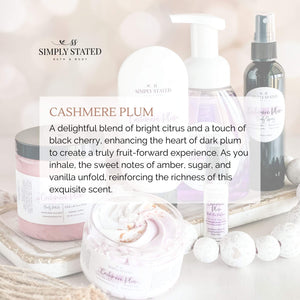 Cashmere Plum Body Creme. A delightful blend of bright citrus and a touch of black cherry, enhancing the heart of dark plum to create a truly fruit-forward experience. As you inhale, the sweet notes of amber, sugar, and vanilla unfold, reinforcing the richness of this exquisite scent.