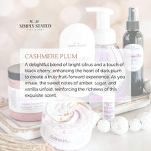 Cashmere Plum Body Spray. A delightful blend of bright citrus and a touch of black cherry, enhancing the heart of dark plum to create a truly fruit-forward experience. As you inhale, the sweet notes of amber, sugar, and vanilla unfold, reinforcing the richness of this exquisite scent.