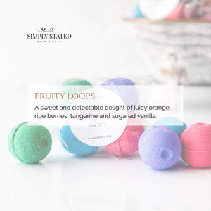 Fruity Loops bath bomb packs. A sweet and delectable delight of juicy orange, ripe berries, tangerine and sugared vanilla.