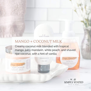 Mango Coconut Milk Whipped Soap. Creamy coconut milk blended with tropical mango, juicy mandarin, white peach, and shaved ripe coconut, with a hint of vanilla. 